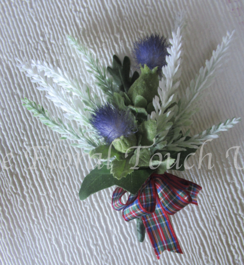 scottish heather and thistle buttonhole, tartan ribbon
